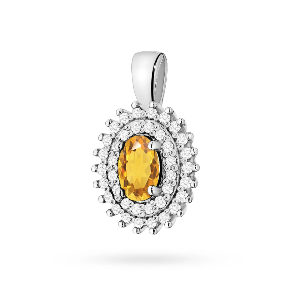 Pendant made of 14K (585) gold. Central citrin 0.60ct surrounded by 39 diamonds 0.19ct. A unique gift for her. Our shop offers chains, rings, earrings.